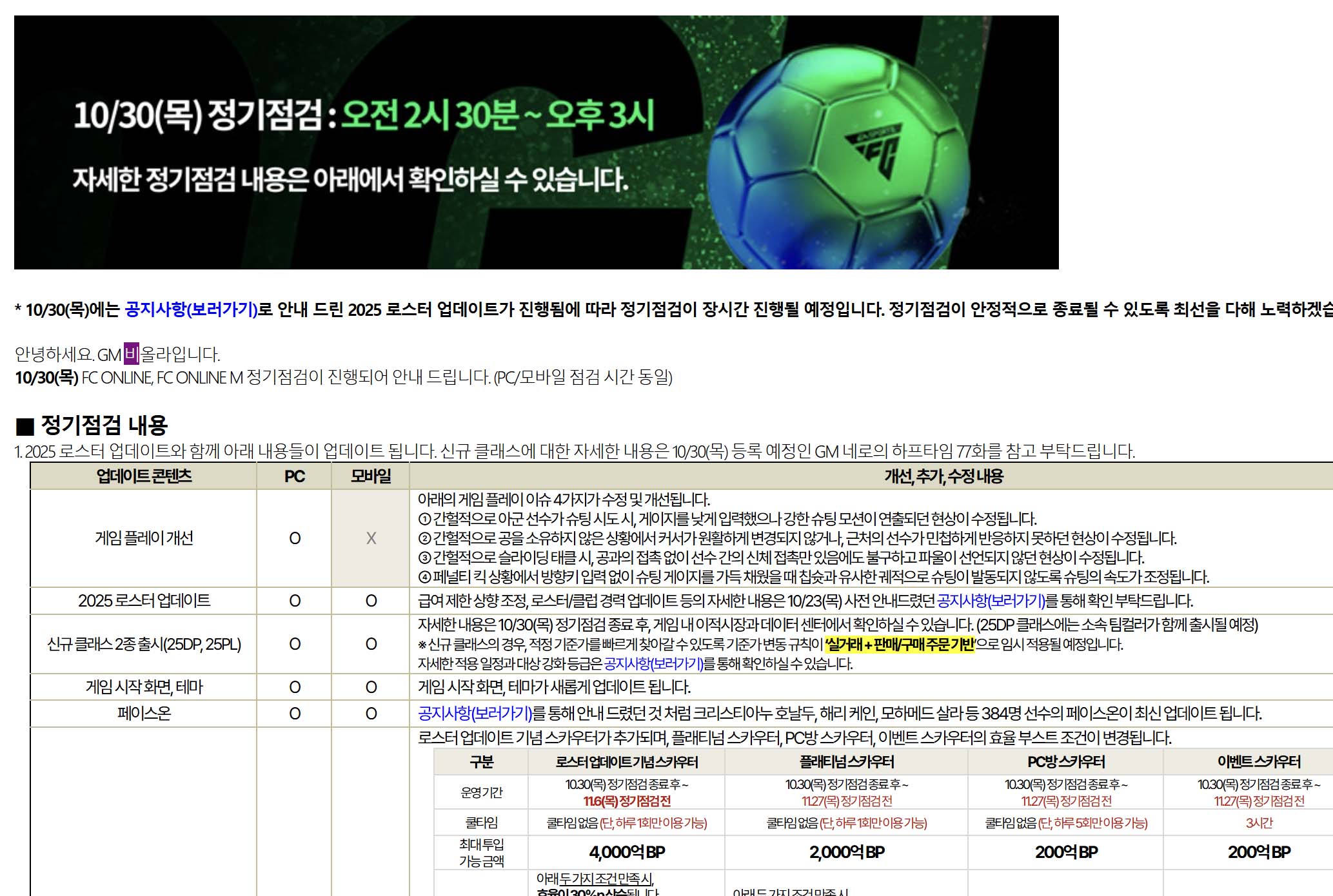 FC Online Cập nhật : FCO Hàn thông báo Roster Update với nhiều những thông tin mới