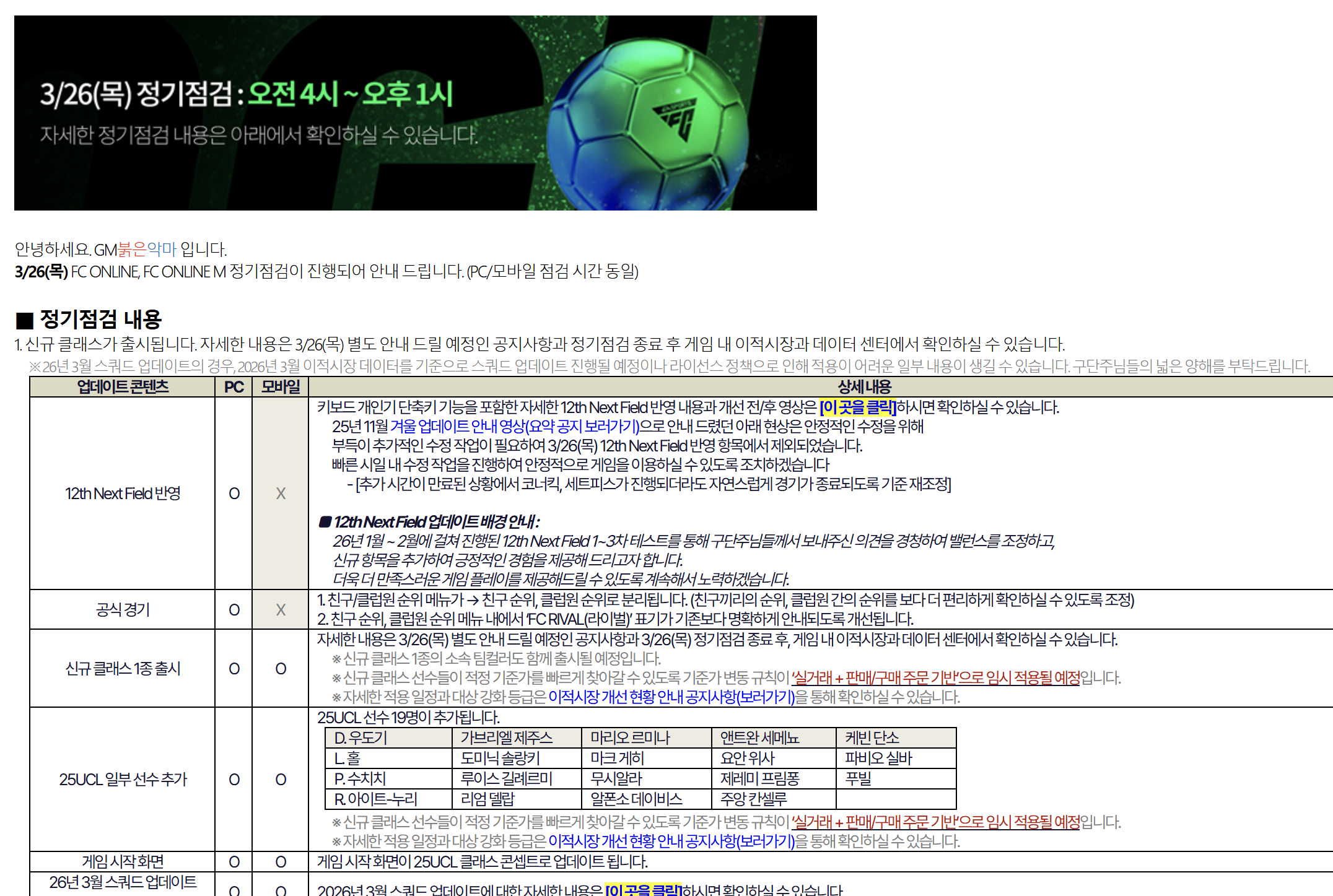 Cập nhật : FC Online Hàn ra mắt mùa thẻ mới, gameplay 12th, thêm cầu thủ 25UCL